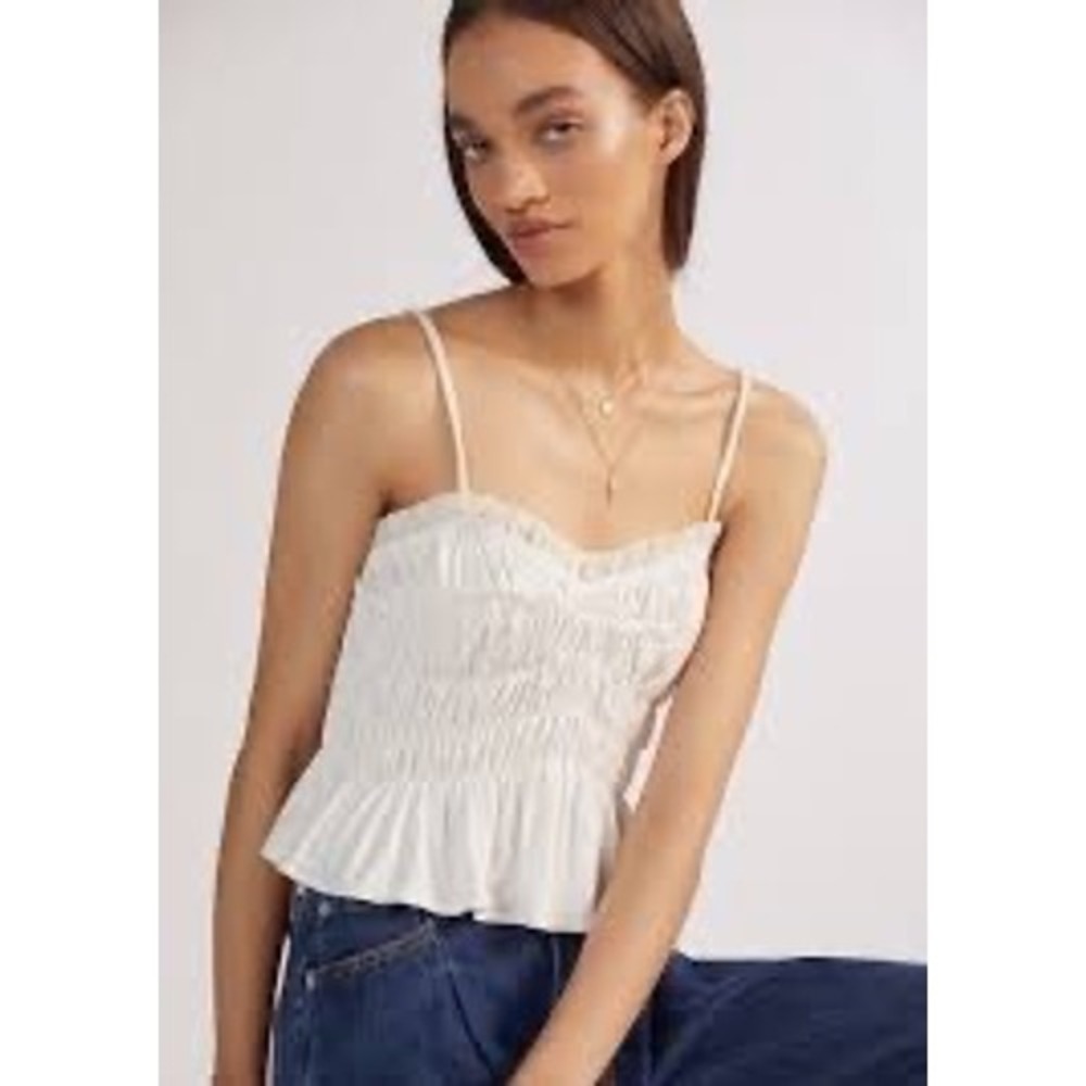 Anthro Sunday In Brooklyn Cream/White Smocked Peplum Camisole Ruffle Tank Top XS